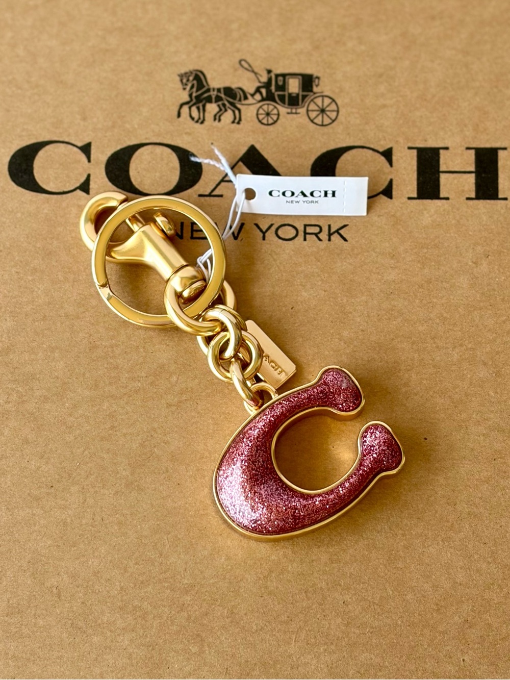 Coach Pink Glitter C Key Fob Bag Charm with Gold Hardware - Picture 6 of 7